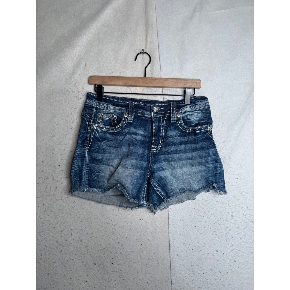 Miss Me Mid Rise Denim Shorts Dark Wash Embroidered Frayed Hem M9137H Size 28